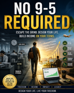 No 9-5 Required eBook cover showing a professional leaving a corporate office and walking toward financial freedom, online business success, passive income, and a freedom lifestyle.