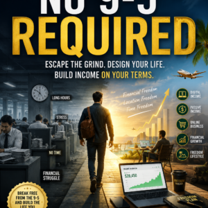 No 9-5 Required eBook cover showing a professional leaving a corporate office and walking toward financial freedom, online business success, passive income, and a freedom lifestyle.